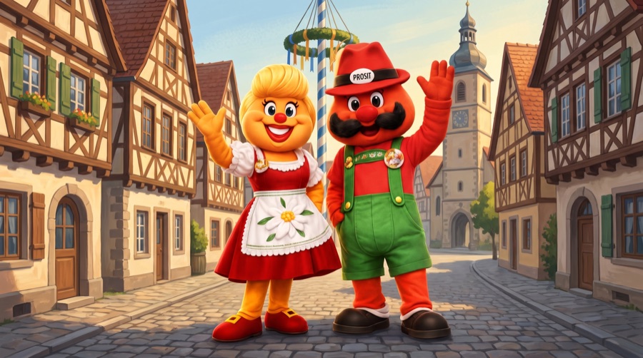 Onkel Hans and Tante Frieda, the animated Oktoberfest co-hosts, in a Bavarian village street