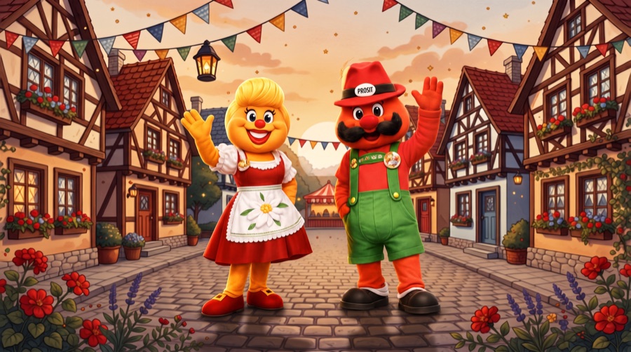 Onkel Hans and Tante Frieda, the animated co-hosts, standing together