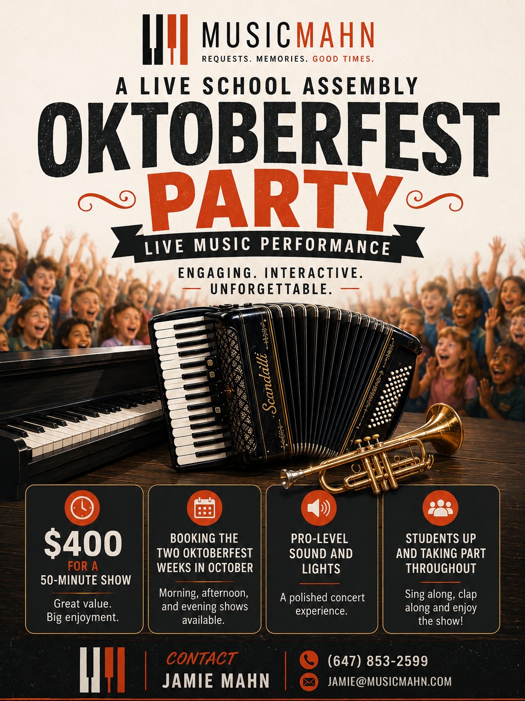Oktoberfest Party school assembly poster: a live school assembly, 50 minutes, $400, with piano, accordion and trumpet.